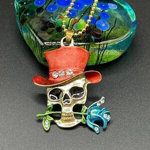 Grinning Skull with Rose and Top Hat Skeleton Necklace / Pendant #869 (red hat)